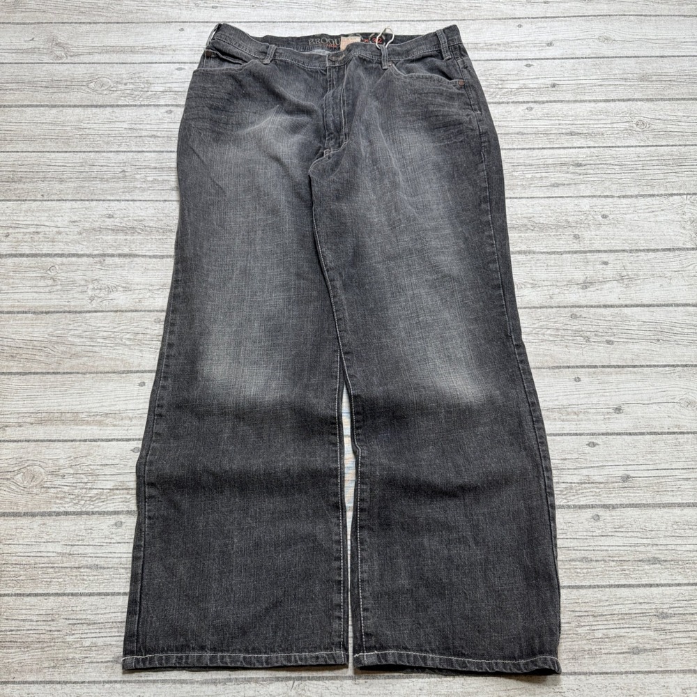 Y2K Brogue Jeans Men's 40x32 Black Faded Denim Wide Leg Relaxed Fit Distressed